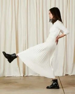 Ali GoldenCotton/Wool Pleated Midi Skirt - White