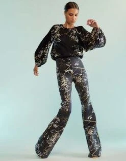 CYNTHIA ROWLEYBonded Fit And Flare Pants - Black/Gold