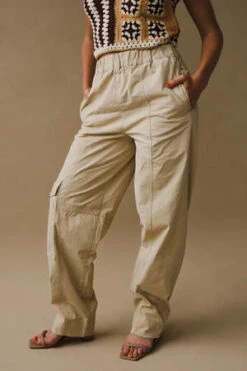 GanniWashed Cotton Canvas Elasticated Curve Pants - Pale Khaki