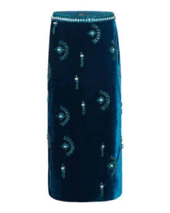 PatboHand-Beaded Velvet Midi Skirt - Azure