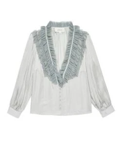 The Great.The Ruffled Tuxedo Top - Silver/Icy Blue