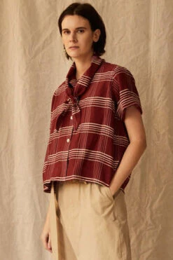 Caron CallahanWesley Shirt - Crimson Embroidered Plaid